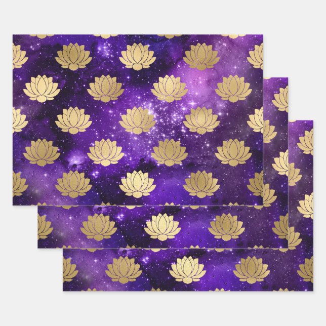 Feuille De Papier Cadeau Lotus d'or sur galaxie violette (Lot)