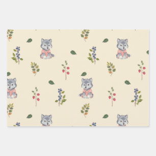 Feuille De Papier Cadeau Loup adorable et Motif de baies forestières