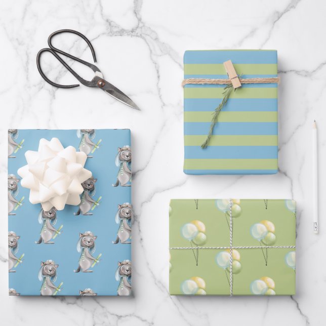 Feuille De Papier Cadeau Loup d'aviateur, triés, ballons (Recto)