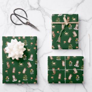 Feuille De Papier Cadeau Loutres et nénuphars sur fond vert foncé
