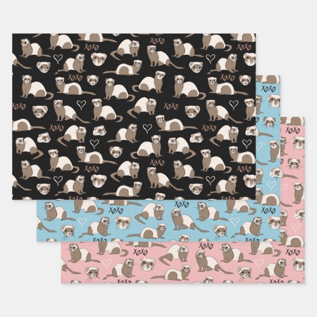 Feuille De Papier Cadeau Love Ferrets - Bleu Noir Rose (Lot)