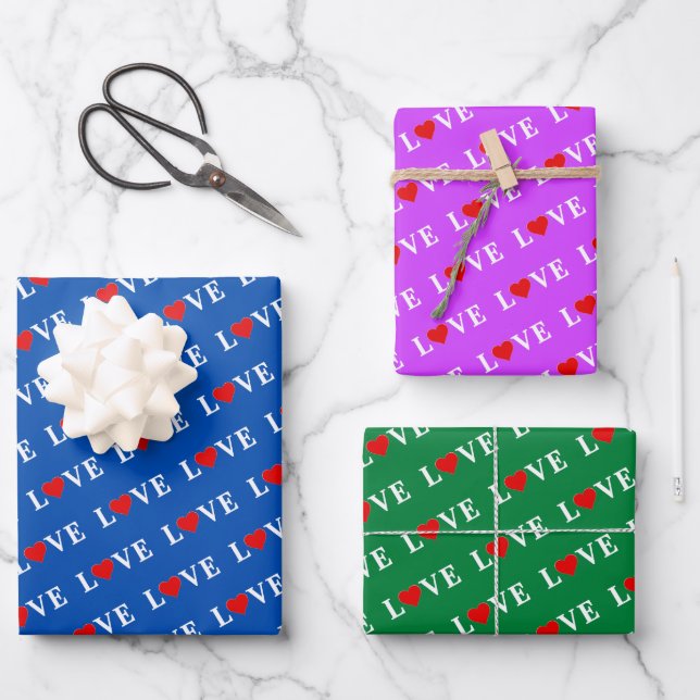 Feuille De Papier Cadeau LOVE Marine bleu violet vert (Recto)