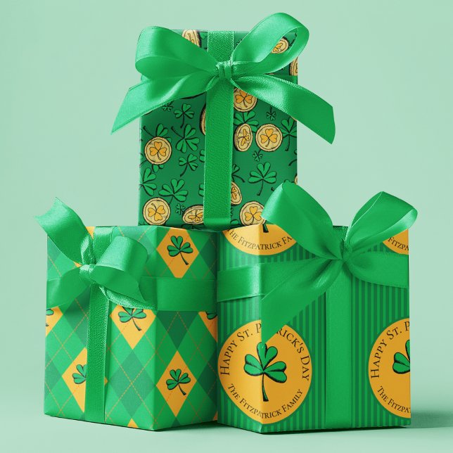 Feuille De Papier Cadeau Lucky St Patrick's Day Kids (Lucky St Patrick's Day Kids Wrapping Paper. Festive Green Clover, Stripes and Argyle Patterns.)