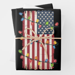 Feuille De Papier Cadeau Lumières de Noël Drapeau USA Patriotique Vétéran N