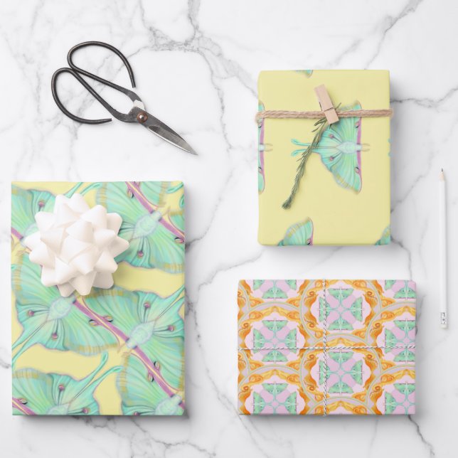 Feuille De Papier Cadeau Luna Moth sur jaune (Recto)