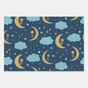 Feuille De Papier Cadeau Lune Boho Dorée Avec Fleurs Nuages