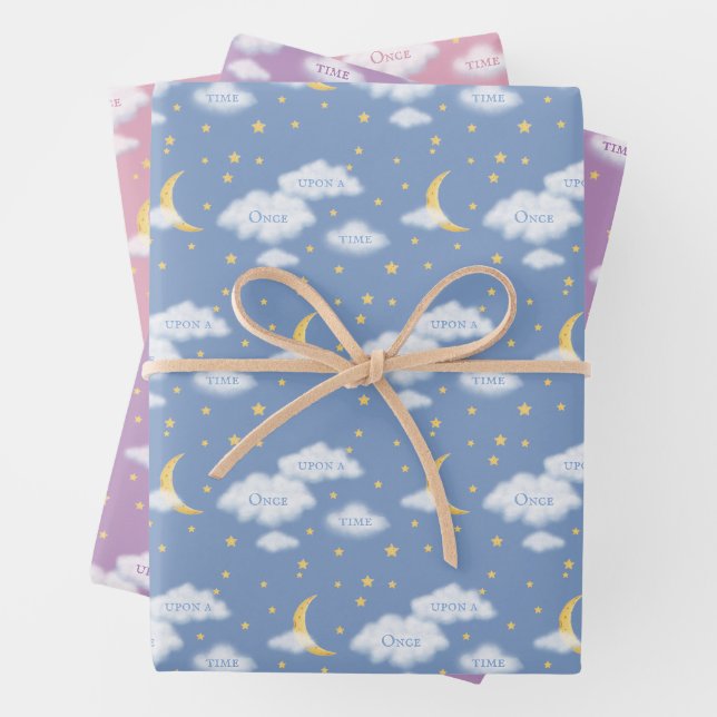 Feuille De Papier Cadeau Lune Cheesy & Étoiles Nuages Fluffants Personnalis (En situation)