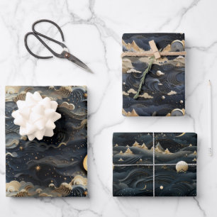 Feuille De Papier Cadeau Lune's Journey : Celestial 3D Night Sky Design