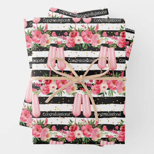 Feuille De Papier Cadeau Lunettes de Champagne Floral Noir Blanc Grandes (En situation)