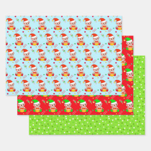 Feuille De Papier Cadeau Lutin de Noël, canne à sucre, confettis sur fond v