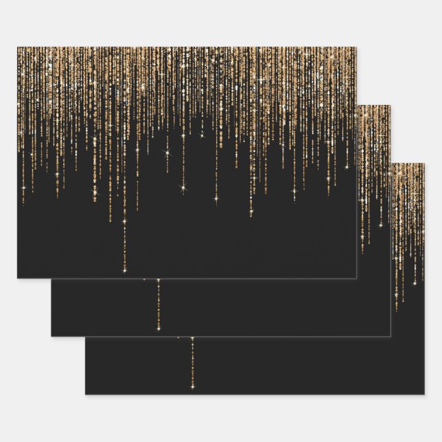 Feuille De Papier Cadeau Luxe Chic Black Gold Fringe Parties scintillant ét (Lot)