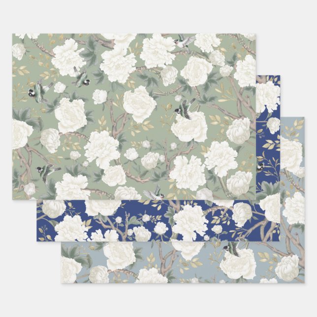 Feuille De Papier Cadeau Luxe Chinoiserie Sage Green Fleurs d'ivoire Oiseau (Lot)