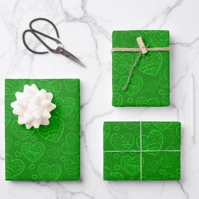 Feuille De Papier Cadeau Luxe Moderne Élégant Amour Vert Coeur (Recto)
