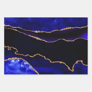 Feuille De Papier Cadeau Luxueux Anniversaire Bleu et Or Pailleté Agate
