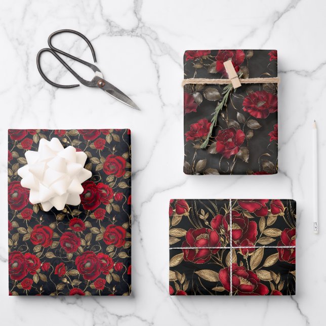 Feuille De Papier Cadeau Luxueux Motif Rouge Rose & Gold Leaf sur Noir (Recto)