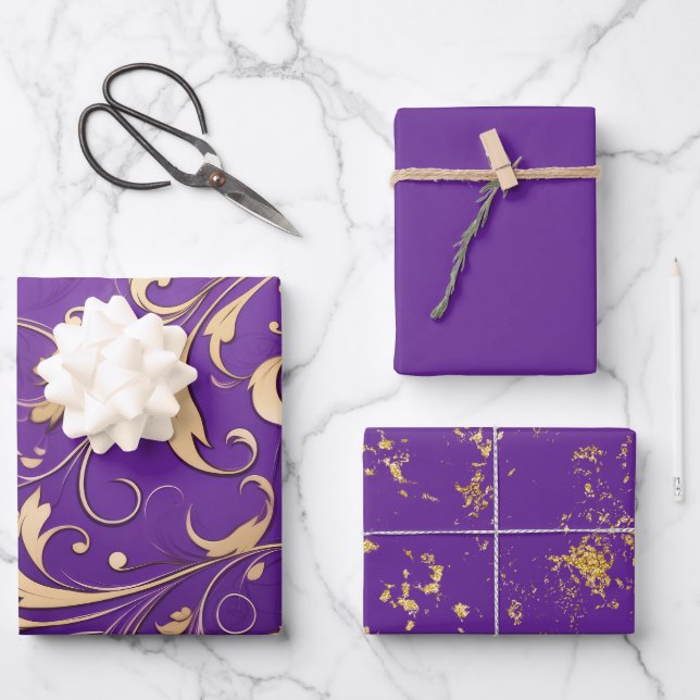 Feuille De Papier Cadeau Luxueux Royal Purple et Gold Damask Motif (Recto)