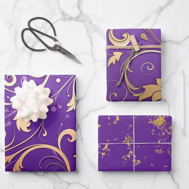 Feuille De Papier Cadeau Luxueux Royal Purple et Gold Damask Motif (Recto)