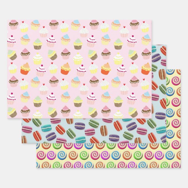 Feuille De Papier Cadeau Macarons et Motifs de Cupcakes (Lot)