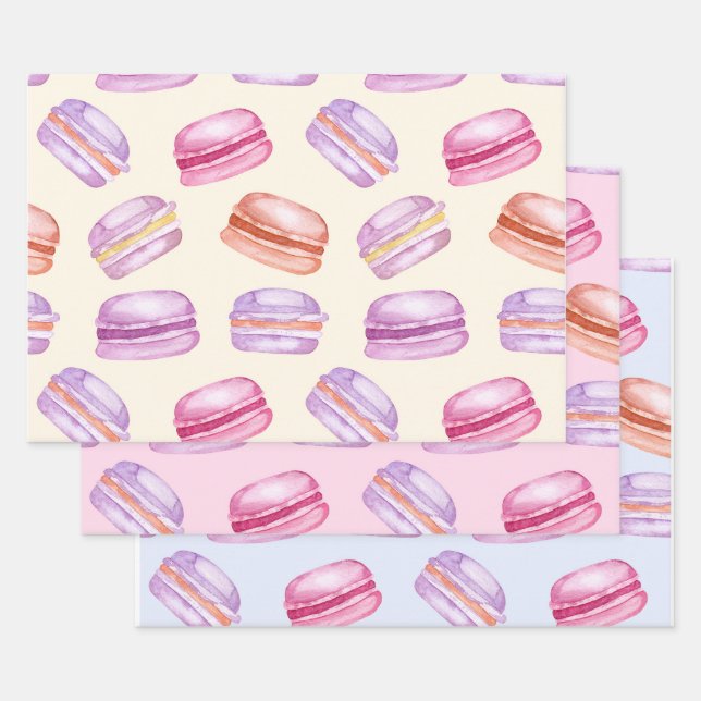 Feuille De Papier Cadeau Macarons sucrés sur beau motif pastel (Lot)