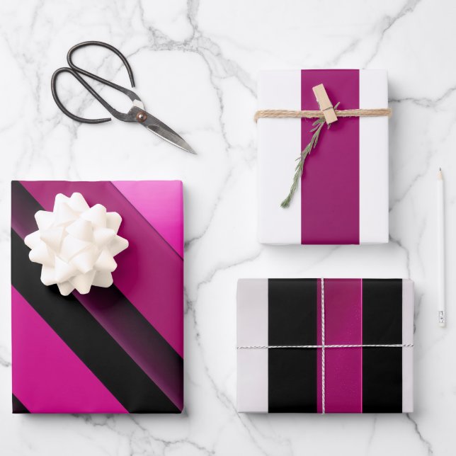 Feuille De Papier Cadeau Magenta chic moderne, noir et blanc rayé (Recto)