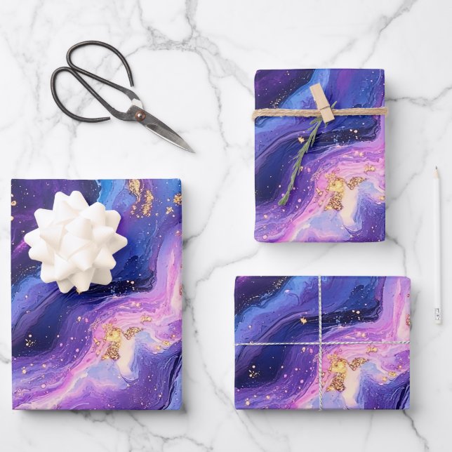 Feuille De Papier Cadeau Magenta Gold Galaxy violet à couper le souffle (Recto)