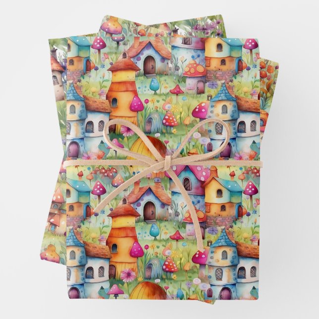 FEUILLE DE PAPIER CADEAU MAGICAL FAIRY HOUSES AND FAIRY VILLAGE CADEAU (En situation)