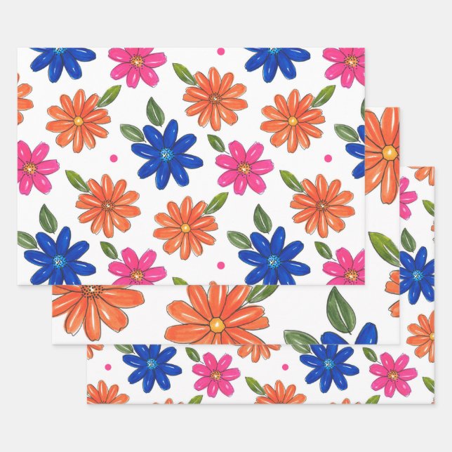 Feuille De Papier Cadeau Main Tirée Rose, Orange, Fleurs Bleues (Lot)