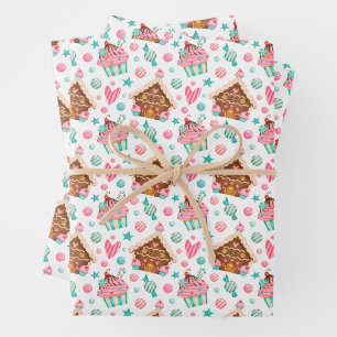 Feuille De Papier Cadeau Maison en pain d'épice de Noël, Cupcakes, Bonbons 