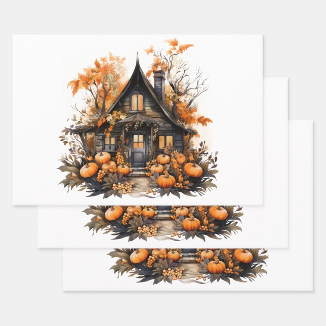 Feuille De Papier Cadeau Maison hantée avec Halloween Citrouille (Lot)