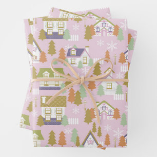Feuille De Papier Cadeau Maisons de Noël rose