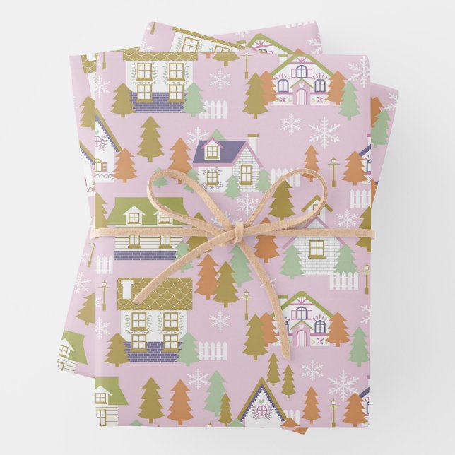 Feuille De Papier Cadeau Maisons de Noël rose (En situation)