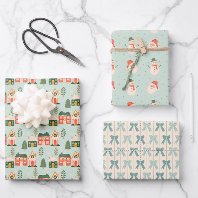 Feuille De Papier Cadeau Maisons de Noël, Santa Claus, Frosty et Bows (Recto)