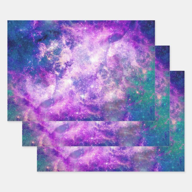Feuille De Papier Cadeau Majestic Teal Purple Starry Space Nebula (Lot)