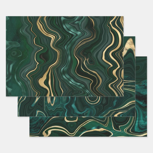 Feuille De Papier Cadeau Malachite vert foncé et strate d'huile d'or (Lot)