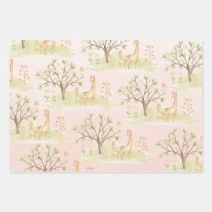 Feuille De Papier Cadeau Mama Giraffe Avec Bébé & Amis Roses Brousses