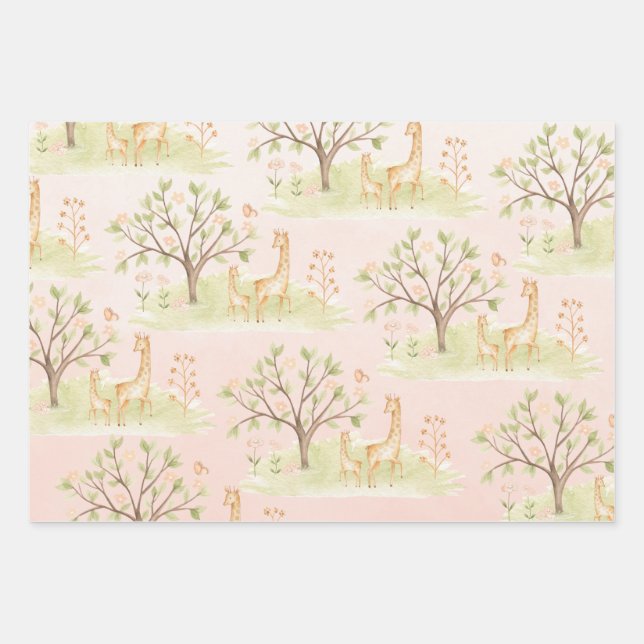 Feuille De Papier Cadeau Mama Giraffe Avec Bébé & Amis Roses Brousses (Devant)
