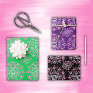 Feuille De Papier Cadeau Mandala assez rose sur vert, noir, violet  