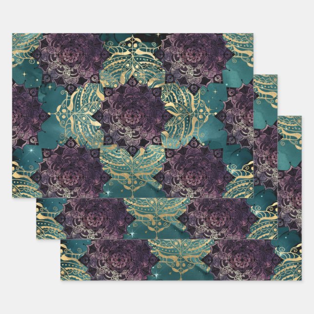 Feuille De Papier Cadeau Mandala et papillons pourpres sur le ciel nocturne (Lot)