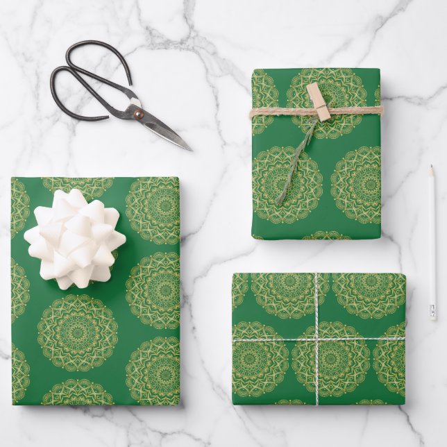 Feuille De Papier Cadeau Mandala vert et or (Recto)