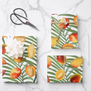 Feuille De Papier Cadeau Mango vintage et verdure Motif de fruits d'été