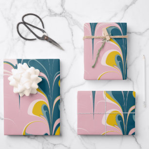 Feuille De Papier Cadeau Marbre Abstrait moderne Ebru Motif Turquoise et ro