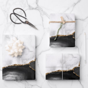 Feuille De Papier Cadeau Marbre Blanc Agate Noire Dorée