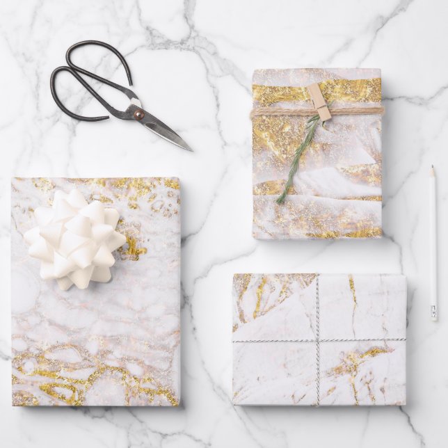 Feuille De Papier Cadeau Marbre blanc et or (Recto)
