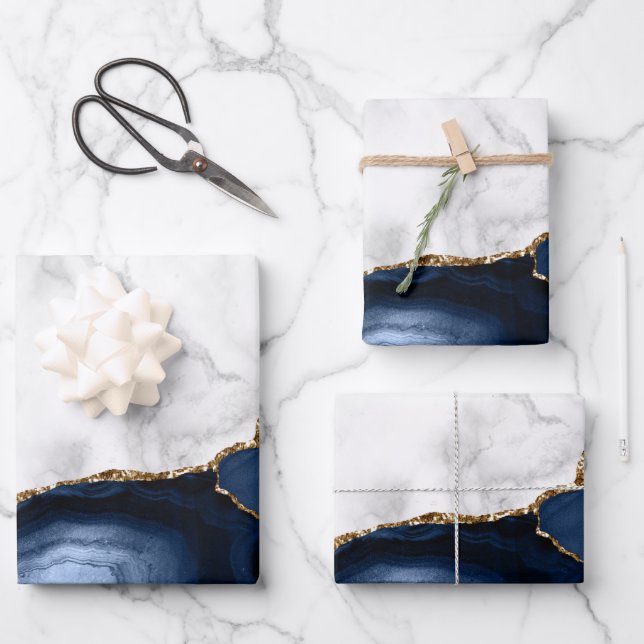 Feuille De Papier Cadeau Marbre blanc Gilded Marine Blue Agate