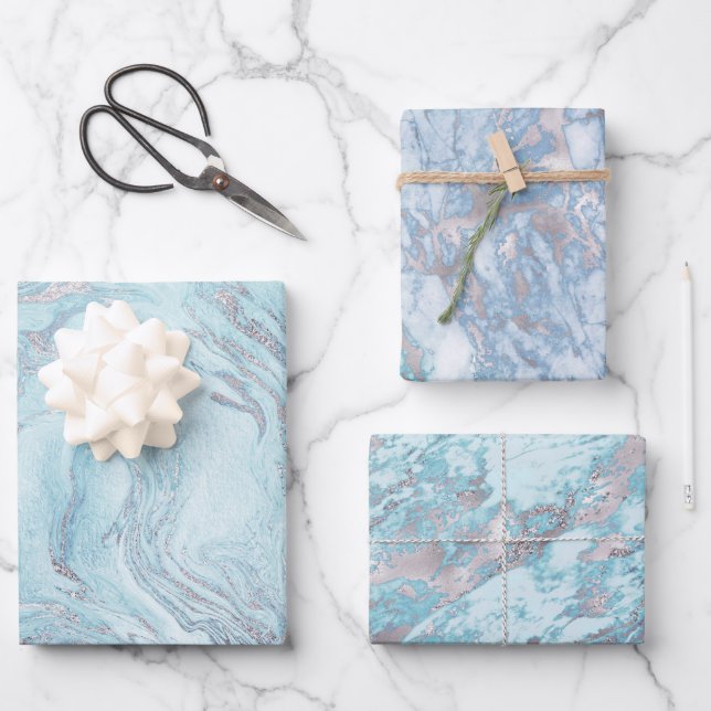 Feuille De Papier Cadeau Marbre bleu argent (Recto)