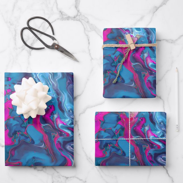 Feuille De Papier Cadeau Marbre bleu et rose Acrylique Abstraction (Recto)