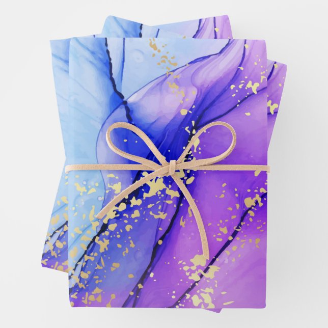 Feuille De Papier Cadeau Marbre bleu violet moderne Galactique (En situation)
