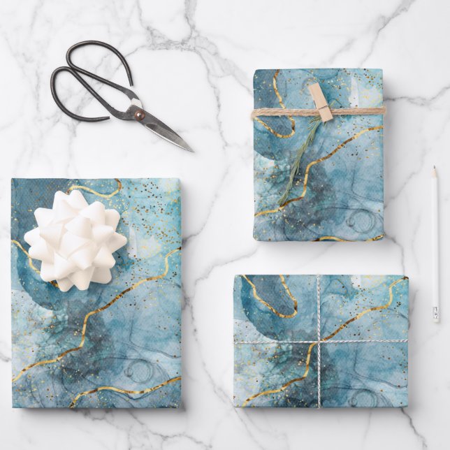 Feuille De Papier Cadeau Marbre classique Faux Bleu/Or (Recto)