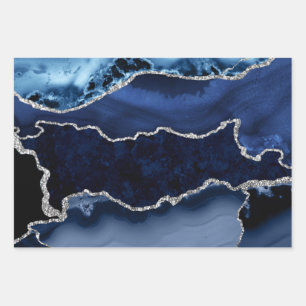 Feuille De Papier Cadeau Marbre d'agate bleu et faux strass argenté