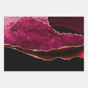 Feuille De Papier Cadeau Marbre d'agate rouge foncé et doré pailleté